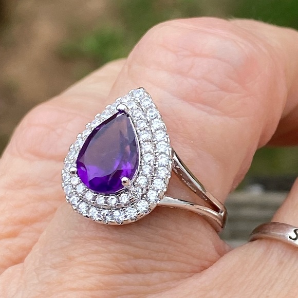 Amethyst teardrop halo ring platinum plated sz 7 brand new in box - Picture 14 of 16